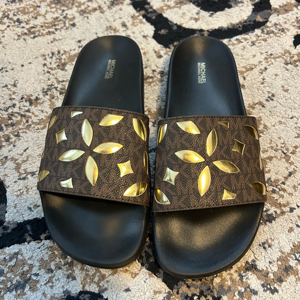 Michael Kors Black and Gold Slide Sandals